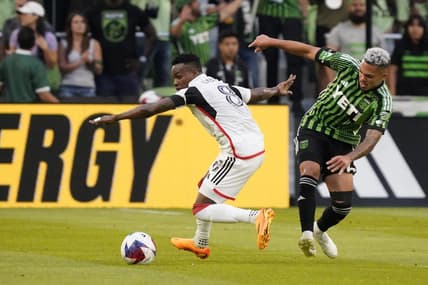 May 13, 2023; Austin, Texas, USA; FC Dallas forward Jader Obrian (8) dribbles the ball past the Austin FC midfielder Daniel Pereira (6) at Q2 Stadium. Mandatory Credit: Scott Wachter-USA TODAY Sports