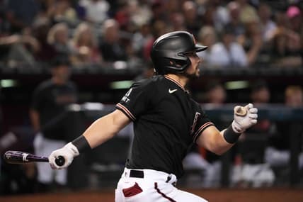 May 13, 2023; Phoenix, Arizona, USA; Arizona Diamondbacks right fielder Dominic Fletcher (8) hits a three RBI triple against the San Francisco Giants during the sixth inning at Chase Field. Mandatory Credit: Joe Camporeale-USA TODAY Sports