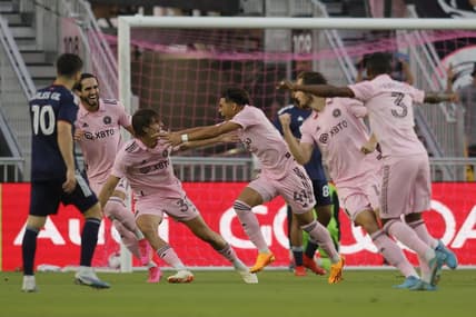 May 13, 2023; Fort Lauderdale, Florida, USA; Inter Miami midfielder David Ruiz (41) celebrates his goal with teamate Inter Miami midfielder Benjamin Cremaschi (30) against New England Revolution during the first half at DRV PNK Stadium. Mandatory Credit: Sam Navarro-USA TODAY Sports