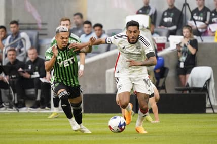 May 13, 2023; Austin, Texas, USA; FC Dallas forward Jesus Ferreira (10) fights for the ball against the Austin FC midfielder Daniel Pereira (6) at Q2 Stadium. Mandatory Credit: Scott Wachter-USA TODAY Sports