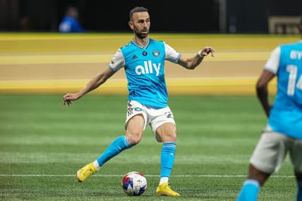May 13, 2023; Atlanta, Georgia, USA; Charlotte FC midfielder Justin Meram (22) kicks the ball against Atlanta United at Mercedes-Benz Stadium. Mandatory Credit: Dale Zanine-USA TODAY Sports