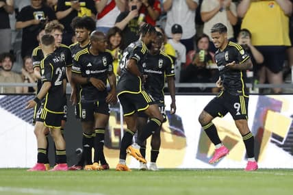 May 13, 2023; Columbus, Ohio, USA; Columbus Crew SC players celebrate their goal during the first half at Lower.com Field. Mandatory Credit: Joseph Maiorana-USA TODAY Sports
