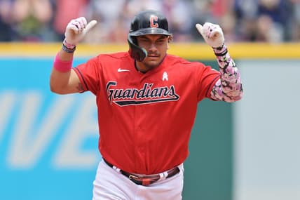 May 14, 2023; Cleveland, Ohio, USA; Cleveland Guardians designated hitter Josh Naylor (22) rounds the bases after hitting a home run during the eighth inning against the Los Angeles Angels at Progressive Field. Mandatory Credit: Ken Blaze-USA TODAY Sports