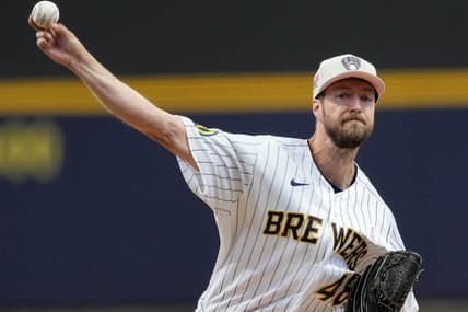 May 14, 2023; Milwaukee, Wisconsin, USA; Milwaukee Brewers starting pitcher Colin Rea (48) throws during the first inning of their game against the Kansas City Royals. Mandatory Credit: Mark Hoffman-USA TODAY Sports