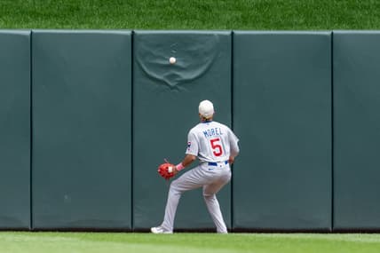 May 14, 2023; Minneapolis, Minnesota, USA; Chicago Cubs center fielder Christopher Morel (5) plays a Minnesota Twins second baseman Nick Gordon (1) hit off the wall in the bottom of the third at Target Field. Mandatory Credit: Matt Blewett-USA TODAY Sports
