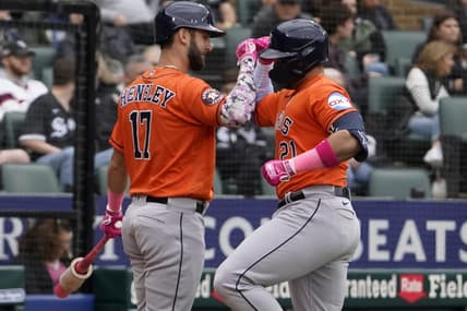 May 14, 2023; Chicago, Illinois, USA; Houston Astros designated hitter Yainer Diaz (21) is greeted by second baseman David Hensley (17) after hitting a home run against the Chicago White Sox during the fourth inning at Guaranteed Rate Field. Mandatory Credit: David Banks-USA TODAY Sports