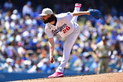 May 14, 2023; Los Angeles, California, USA; Los Angeles Dodgers starting pitcher Tony Gonsolin (26) throws against the San Diego Padres during the fifth inning at Dodger Stadium. Mandatory Credit: Gary A. Vasquez-USA TODAY Sports