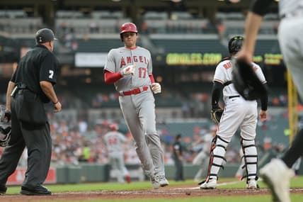 May 15, 2023; Baltimore, Maryland, USA;  Los Angeles Angels starting pitcher Shohei Ohtani (17) scores in the third inning against the Baltimore Orioles at Oriole Park at Camden Yards. Mandatory Credit: Tommy Gilligan-USA TODAY Sports