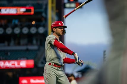 May 15, 2023; San Francisco, California, USA;  Philadelphia Phillies shortstop Trea Turner (7) reacts after striking out against the San Francisco Giants during the fifth inning at Oracle Park. Mandatory Credit: Neville E. Guard-USA TODAY Sports