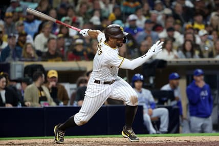 May 15, 2023; San Diego, California, USA;  San Diego Padres shortstop Xander Bogaerts (2) hits a single during the seventh inning against the Kansas City Royals at Petco Park. Mandatory Credit: Kiyoshi Mio-USA TODAY Sports