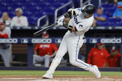 May 16, 2023; Miami, Florida, USA; Miami Marlins second baseman Luis Arraez (3) hits a double against the Washington Nationals during the first inning at loanDepot Park. Mandatory Credit: Sam Navarro-USA TODAY Sports