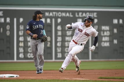 May 16, 2023; Boston, Massachusetts, USA; Boston Red Sox right fielder Alex Verdugo (99) rounds third base during the first inning against the Seattle Mariners at Fenway Park. Mandatory Credit: Bob DeChiara-USA TODAY Sports