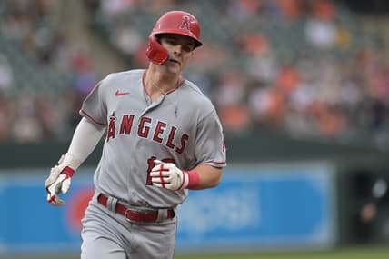 May 16, 2023; Baltimore, Maryland, USA;  Los Angeles Angels center fielder Mickey Moniak (16) rounds the bases after hitting a solo home run in the first inning against the Baltimore Orioles at Oriole Park at Camden Yards. Mandatory Credit: Tommy Gilligan-USA TODAY Sports