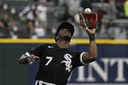 May 16, 2023; Chicago, Illinois, USA; Chicago White Sox shortstop Tim Anderson (7) catches a fly ball hit by Cleveland Guardians left fielder Steven Kwan (not pictured) during the first inning at Guaranteed Rate Field. Mandatory Credit: Matt Marton-USA TODAY Sports