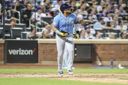 May 16, 2023; New York City, New York, USA; Tampa Bay Rays third baseman Isaac Paredes (17) hits a two run home run in the fifth inning against the New York Mets at Citi Field. Mandatory Credit: Wendell Cruz-USA TODAY Sports