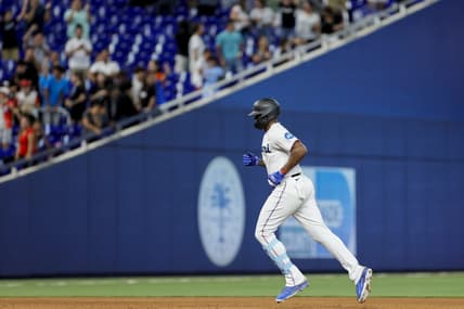 May 16, 2023; Miami, Florida, USA; Miami Marlins designated hitter Jorge Soler (12) circles the bases after hitting a two-run home run against the Washington Nationals during the ninth inning at loanDepot Park. Mandatory Credit: Sam Navarro-USA TODAY Sports