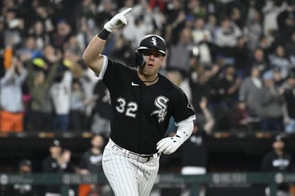 May 16, 2023; Chicago, Illinois, USA; Chicago White Sox designated hitter Gavin Sheets (32) after he hits a three run home run against the Cleveland Guardians during the fifth inning at Guaranteed Rate Field. Mandatory Credit: Matt Marton-USA TODAY Sports