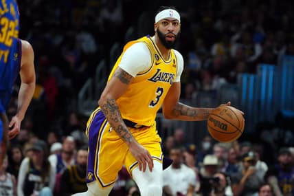 May 16, 2023; Denver, Colorado, USA; Los Angeles Lakers forward Anthony Davis (3) controls the ball against the Denver Nuggets in the third quarter during game one of the Western Conference Finals for the 2023 NBA playoffs at Ball Arena. Mandatory Credit: Ron Chenoy-USA TODAY Sports