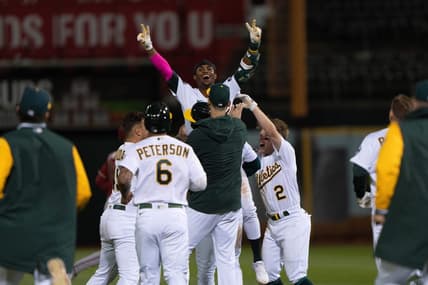 May 16, 2023; Oakland, California, USA; Oakland Athletics center fielder Esteury Ruiz (1) celebrates after hitting a walk off single to defeat the Arizona Diamondbacks at Oakland-Alameda County Coliseum. Mandatory Credit: Stan Szeto-USA TODAY Sports