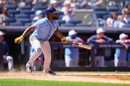 May 14, 2023; Bronx, New York, USA; Tampa Bay Rays left fielder Randy Arozarena (56) against the New York Yankees during the fifth inning at Yankee Stadium. Mandatory Credit: Gregory Fisher-USA TODAY Sports