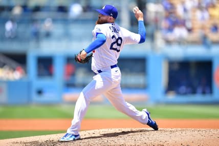 May 17, 2023; Los Angeles, California, USA; Los Angeles Dodgers relief pitcher Dylan Covey (29) throws against the Minnesota Twins during the fourth inning at Dodger Stadium. Mandatory Credit: Gary A. Vasquez-USA TODAY Sports