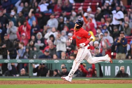 May 17, 2023; Boston, Massachusetts, USA;  Boston Red Sox designated hitter Justin Turner (2) runs the bases after hitting a two run home run against the Seattle Mariners during the second inning at Fenway Park. Mandatory Credit: Brian Fluharty-USA TODAY Sports