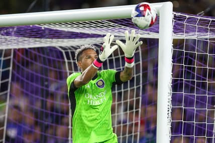 May 17, 2023; Orlando, Florida, USA;  Orlando City SC goalkeeper Pedro Gallese (1) makes a save against New York City FC in the first half at Exploria Stadium. Mandatory Credit: Nathan Ray Seebeck-USA TODAY Sports