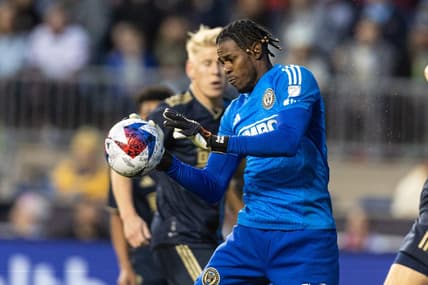 May 17, 2023; Philadelphia, Pennsylvania, USA; Philadelphia Union goalkeeper Andre Blake (18) makes a save against D.C. United during the first half at Subaru Park. Mandatory Credit: Bill Streicher-USA TODAY Sports