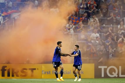 May 17, 2023; Cincinnati, Ohio, USA; FC Cincinnati forward Brandon Vazquez (19) reacts after scoring a goal against CF Montreal during the second half at TQL Stadium. Mandatory Credit: Katie Stratman-USA TODAY Sports