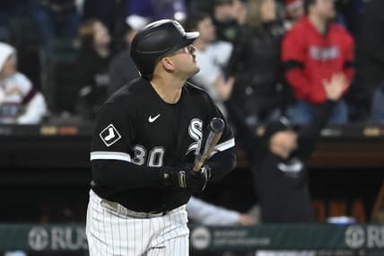May 17, 2023; Chicago, Illinois, USA;  Chicago White Sox third baseman Jake Burger (30) hits a two-run home run against the Cleveland Guardians during the fourth inning at Guaranteed Rate Field. Mandatory Credit: Matt Marton-USA TODAY Sports
