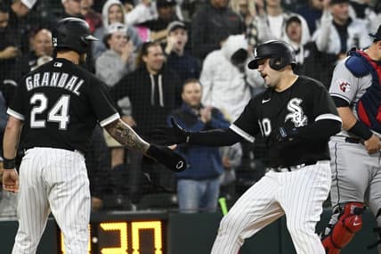 May 17, 2023; Chicago, Illinois, USA;  Chicago White Sox third baseman Jake Burger (30) celebrates with Chicago White Sox catcher Yasmani Grandal (24) after he hits a two-run home run against the Cleveland Guardians during the fourth inning at Guaranteed Rate Field. Mandatory Credit: Matt Marton-USA TODAY Sports