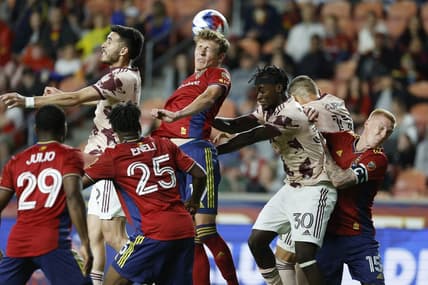 May 17, 2023; Sandy, Utah, USA; Real Salt Lake midfielder Bode Hidalgo (19) and Portland Timbers midfielder Santiago Moreno (30) battle for the ball at America First Field. Mandatory Credit: Jeff Swinger-USA TODAY Sports