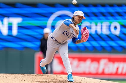 May 14, 2023; Minneapolis, Minnesota, USA; Chicago Cubs starting pitcher Marcus Stroman (0) pitches to Minnesota Twins second baseman Nick Gordon (1) in the third inning at Target Field. Mandatory Credit: Matt Blewett-USA TODAY Sports