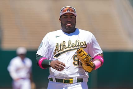 May 14, 2023; Oakland, California, USA; Oakland Athletics first baseman Jesus Aguilar (99) during the third inning against the Texas Rangers at Oakland-Alameda County Coliseum. Mandatory Credit: Darren Yamashita-USA TODAY Sports