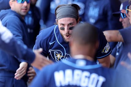 May 18, 2023; New York City, New York, USA; Tampa Bay Rays right fielder Josh Lowe (15) celebrates in the dugout with teammates after hitting a solo home run against the New York Mets during the sixth inning at Citi Field. Mandatory Credit: Brad Penner-USA TODAY Sports