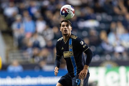 May 17, 2023; Philadelphia, Pennsylvania, USA; Philadelphia Union forward Julian Carranza (9) in action against D.C. United during the first half at Subaru Park. Mandatory Credit: Bill Streicher-USA TODAY Sports