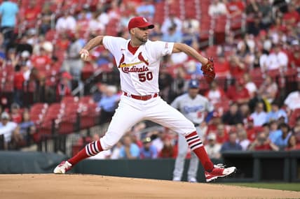 May 18, 2023; St. Louis, Missouri, USA; St. Louis Cardinals starting pitcher Adam Wainwright (50) pitches against the Los Angeles Dodgers in the first inning at Busch Stadium. Mandatory Credit: Joe Puetz-USA TODAY Sports