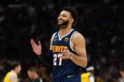 May 18, 2023; Denver, Colorado, USA; Denver Nuggets guard Jamal Murray (27) reacts in the third quarter against the Los Angeles Lakers during game two of the Western Conference Finals for the 2023 NBA playoffs at Ball Arena. Mandatory Credit: Ron Chenoy-USA TODAY Sports