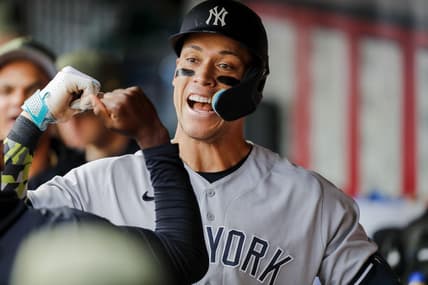 May 19, 2023; Cincinnati, Ohio, USA; New York Yankees right fielder Aaron Judge (99) celebrates after hitting a solo home run in the first inning against the Cincinnati Reds at Great American Ball Park. Mandatory Credit: Katie Stratman-USA TODAY Sports