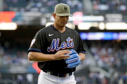 May 19, 2023; New York City, New York, USA; New York Mets starting pitcher Carlos Carrasco (59) reacts as he walks off the field during the first inning against the Cleveland Guardians at Citi Field. Mandatory Credit: Brad Penner-USA TODAY Sports