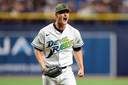 May 19, 2023; St. Petersburg, Florida, USA;  Tampa Bay Rays starting pitcher Shane McClanahan (18) reacts after a strikeout against the Milwaukee Brewers in the seventh inning at Tropicana Field. Mandatory Credit: Nathan Ray Seebeck-USA TODAY Sports