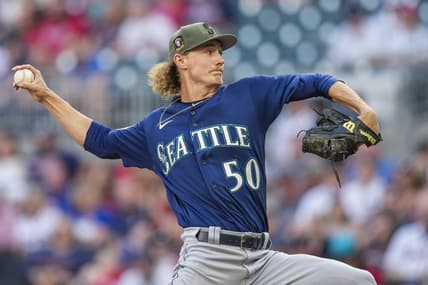 May 19, 2023; Cumberland, Georgia, USA; Seattle Mariners starting pitcher Bryce Miller (50) pitches against the Atlanta Braves during the first inning at Truist Park. Mandatory Credit: Dale Zanine-USA TODAY Sports