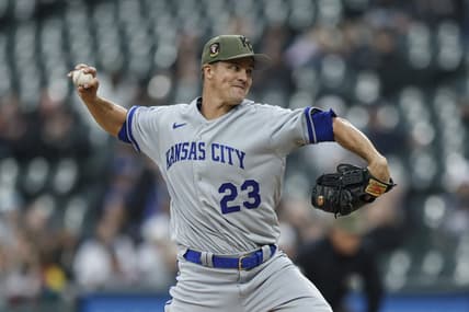 May 19, 2023; Chicago, Illinois, USA; Kansas City Royals starting pitcher Zack Greinke (23) pitches against the Chicago White Sox during the first inning at Guaranteed Rate Field. Mandatory Credit: Kamil Krzaczynski-USA TODAY Sports
