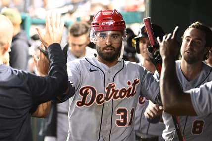 May 19, 2023; Washington, District of Columbia, USA; Detroit Tigers center fielder Riley Greene (31) is congratulated by teammates after hitting a solo home run during the sixth inning against the Washington Nationals at Nationals Park. Mandatory Credit: Brad Mills-USA TODAY Sports