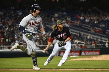 May 19, 2023; Washington, District of Columbia, USA; Washington Nationals relief pitcher Hobie Harris (75) throws out Detroit Tigers third baseman Zach McKinstry (39) during the fifth inning at Nationals Park. Mandatory Credit: Brad Mills-USA TODAY Sports