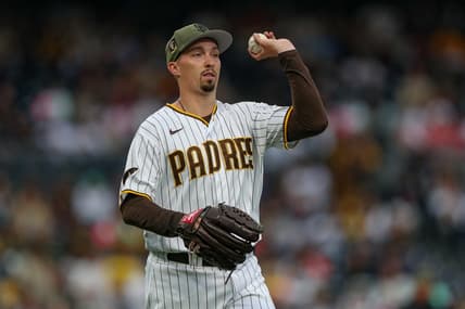 May 19, 2023; San Diego, California, USA; San Diego Padres starting pitcher Blake Snell (4) throws to first base for the final out of the first inning against the Boston Red Sox at Petco Park. Mandatory Credit: David Frerker-USA TODAY Sports