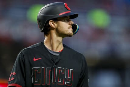 May 19, 2023; Cincinnati, Ohio, USA; Cincinnati Reds right fielder Wil Myers (4) walks off the field after striking out against the New York Yankees in the seventh inning at Great American Ball Park. Mandatory Credit: Katie Stratman-USA TODAY Sports