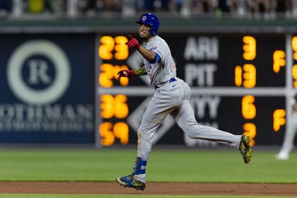 May 19, 2023; Philadelphia, Pennsylvania, USA; Chicago Cubs center fielder Christopher Morel (5) reacts as he runs the bases after hitting a two RBI home run during the ninth inning against the Philadelphia Phillies at Citizens Bank Park. Mandatory Credit: Bill Streicher-USA TODAY Sports