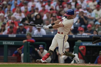 May 20, 2023; Philadelphia, Pennsylvania, USA;  Philadelphia Phillies first baseman Kody Clemens (23) hits a solo home run during the first inning of the game against the Chicago Cubs at Citizens Bank Park. Mandatory Credit: John Geliebter-USA TODAY Sports
