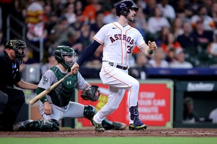 May 20, 2023; Houston, Texas, USA; Houston Astros right fielder Kyle Tucker (30) hits an RBI single against the Oakland Athletics during the first inning at Minute Maid Park. Mandatory Credit: Erik Williams-USA TODAY Sports
